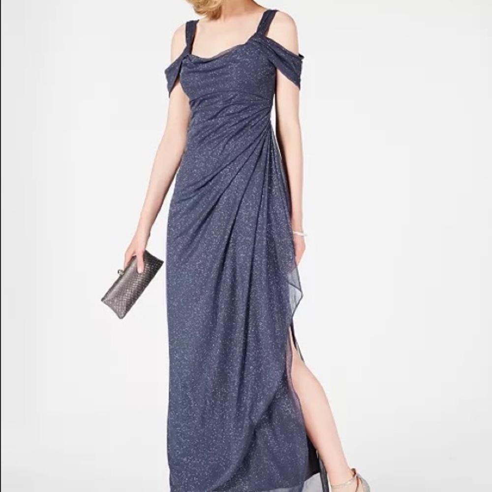 Cold shoulder draped metallic gown. Great mother of the bride/groom dress.